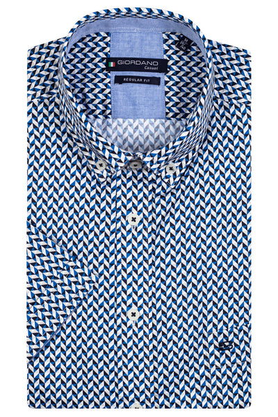 Giordano Blue Korte Mouw Button Down Print Overhemd 316026 60 - Overhemd - Giordano Casual - Giordano Blue Korte Mouw Button Down Print Overhemd 316026 60 - 316026/60/S