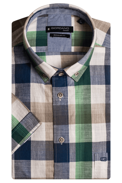 Giordano Groen Korte Mouw Regular fit Button Down Ruit Overhemd 316302 70 - Overhemd - Giordano Casual - Giordano Groen Korte Mouw Regular fit Button Down Ruit Overhemd 316302 70 - 316302/70/S