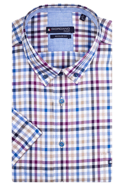 Giordano Paars Korte Mouw Regular fit Button Down Ruit Overhemd 316305 40 - Overhemd - Giordano Casual - Giordano Paars Korte Mouw Regular fit Button Down Ruit Overhemd 316305 40 - 316305/40/S