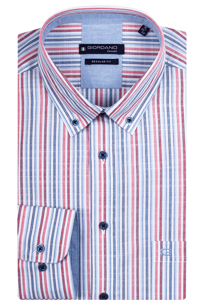 Giordano Rood Lange Mouw Regular fit Button Down Streep Overhemd 417105 30 - Overhemd - Giordano Casual - Giordano Rood Lange Mouw Regular fit Button Down Streep Overhemd 417105 30 - 417105/30/S