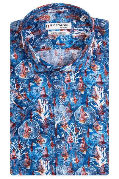 Giordano Blauw Korte Mouw Modern fit Cut Away Print Overhemd 416821 64 - Overhemd - Giordano Tailored - Giordano Blauw Korte Mouw Modern fit Cut Away Print Overhemd 416821 64 - 416821/64/37