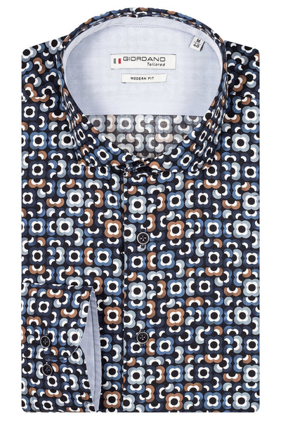 Giordano Navy Lange Mouw Modern fit Cut Away Print Overhemd 427817 60 - Overhemd - Giordano Tailored - Giordano Navy Lange Mouw Modern fit Cut Away Print Overhemd 427817 60 - 427817/60/37